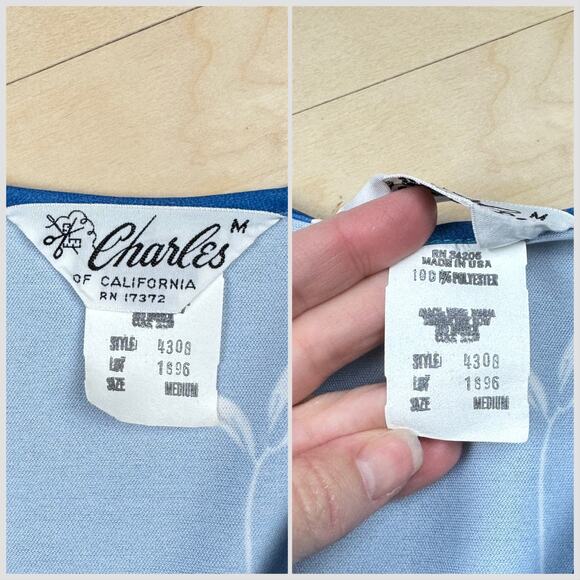 Vintage 1960s Blue and White Hawaiian Floral Tiki Caftan Hostess Dress - Picture 6 of 8